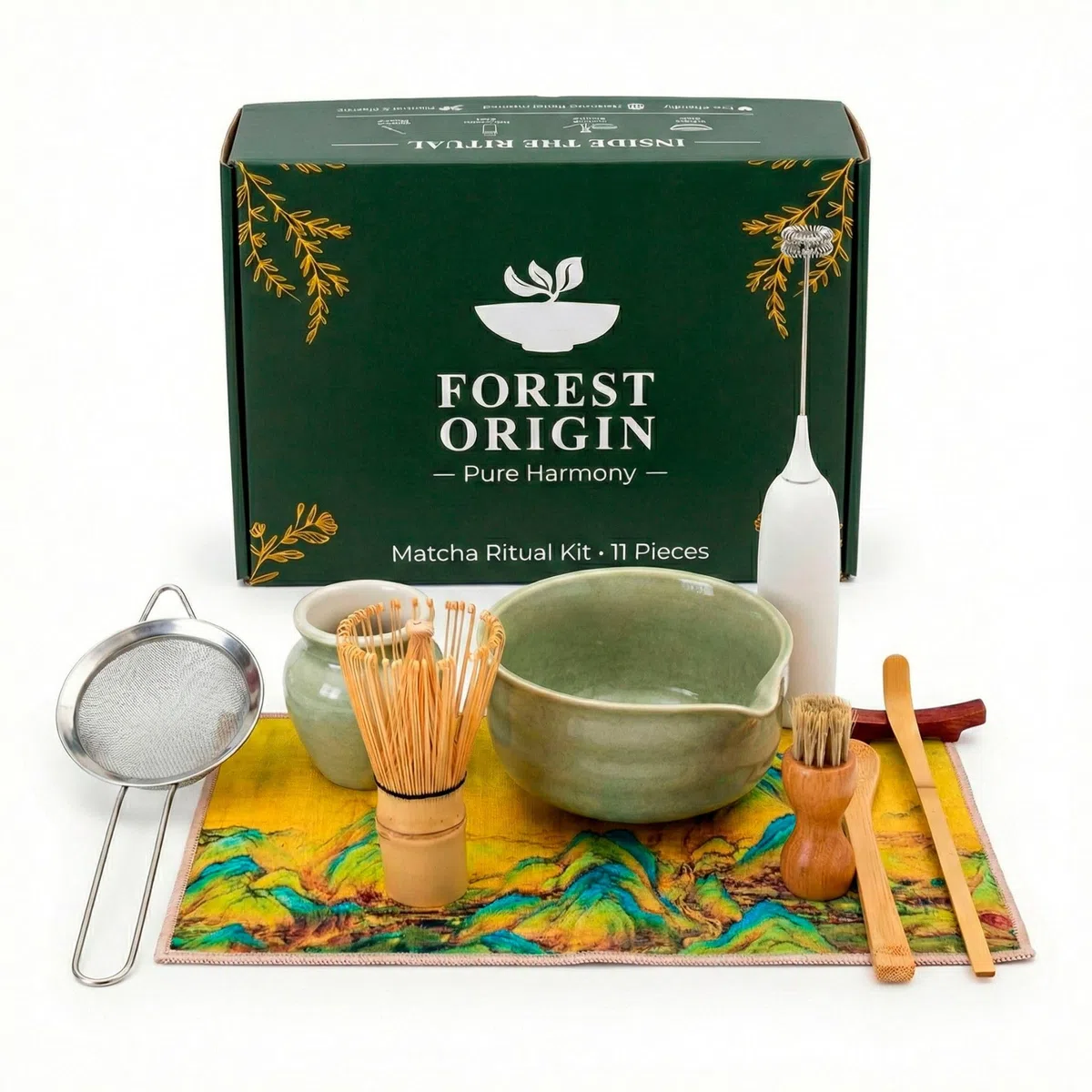 Kit Tè Matcha con Frusta Elettrico Schiuma e Set Completo Accessori Tradizionali Ciotola Ceramica Setaccio Bambù Preparazione Rituale Autentico Iniziazione Set di 11 Pezzi Regalo Premium