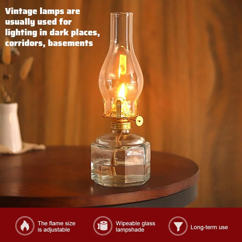 2 Pz Lampada in Vetro a Petrolio,Lanterna ad Olio in Vetro Trasparente,Lampada a Olio Decorativa Antivento,Lampada Lanterna Antica con 6 Pz Stoppini da 18cm per Interni ed Esterni