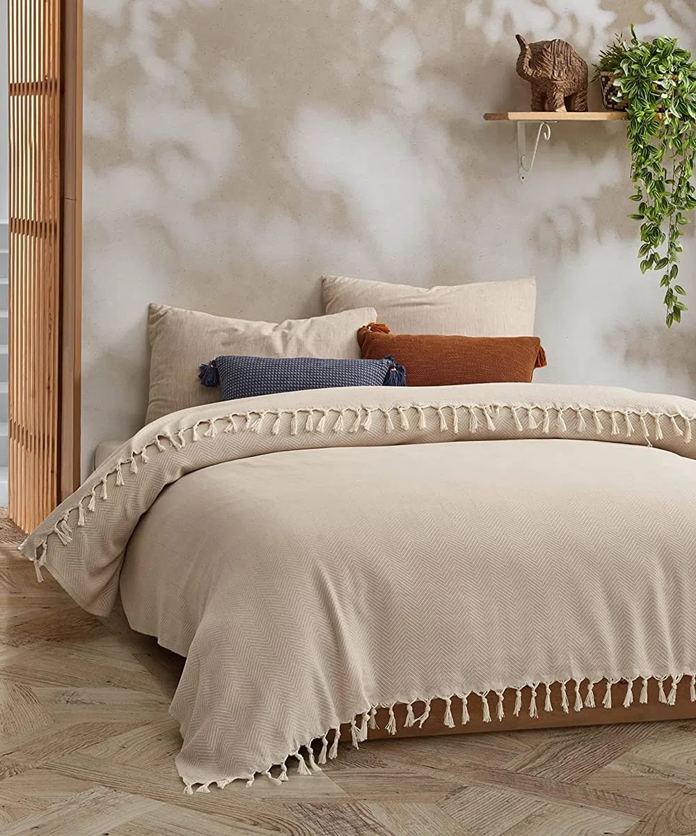 BOHORIA® Copriletto XXL in tulum | 100% cotone | Oeko-Tex® | copriletto double-face con motivo | extra grande 200 x 230 cm (200 x 230 cm, Seppia
