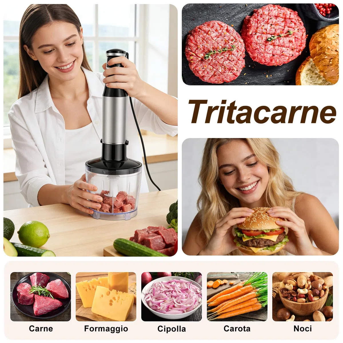 1000 W Frullatore a Immersione, 5 in 1 Frullatore Tritatutto Multifunzionale Con Velocità Regolabile, Include Frusta, Montalatte, Tritatutto da 500 ml e Misurino da 600 ml