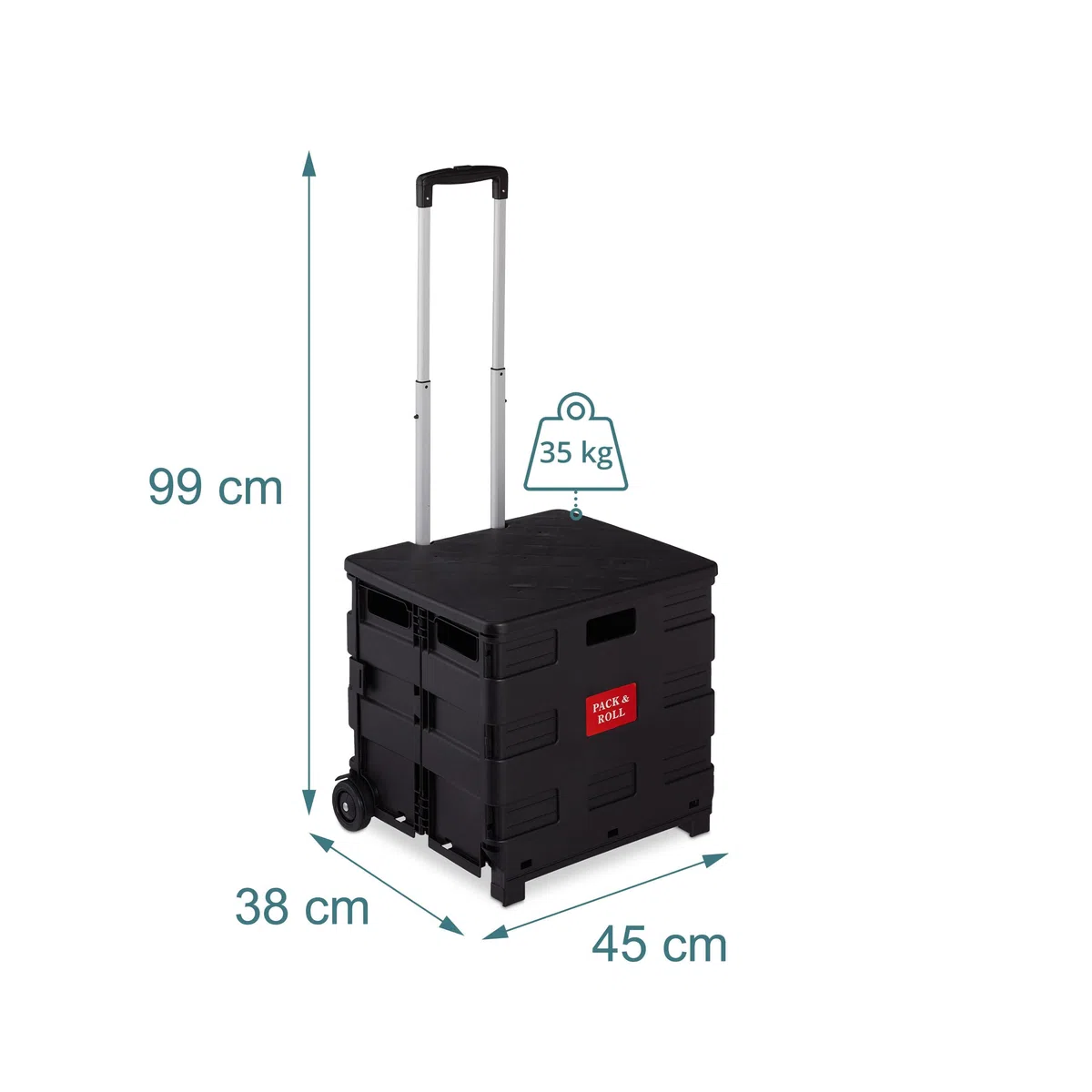 Relaxdays Carrello Portaspesa Pieghevole, con Manico Telescopico e Coperchio Carrellino Trolley, 99 x 45 x 38 cm, Nero