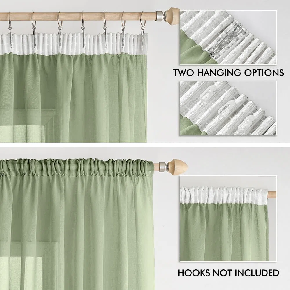 EMEMA Sheer - Set di 2 tende in voile, con fettuccia arricciata, trasparenti, in voile, poliestere, trasparente, per soggiorno, camera da letto, 140 x 260 cm (larghezza x altezza), colore verde salvia