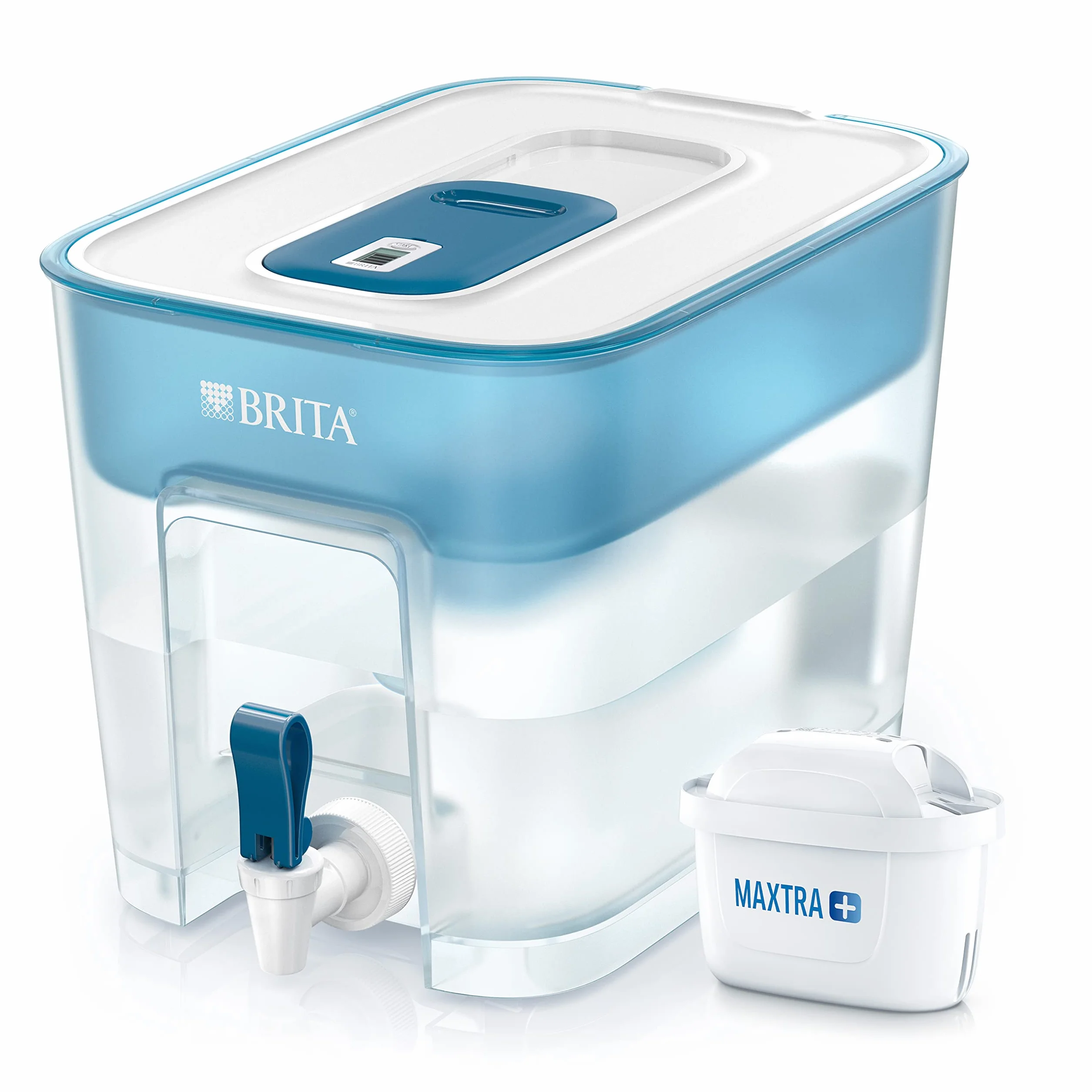 BRITA Dispenser Filtrante Flow per acqua, Blu (8.2l) - incl. 1 Filtro MAXTRA+ per la riduzione di cloro, calcare e impurità / 30.2 x 21.4 x 22
