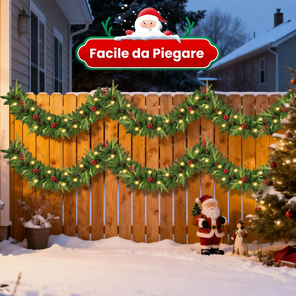 Ghirlanda Natalizia, 2.7M Ghirlanda di Natale per Porta Decorativa, Ghirlanda di Natale Artificiale con Luci 30 LED, Festone Natalizio Luminosa Adatto per Scale, Camino, Pareti, Esterno