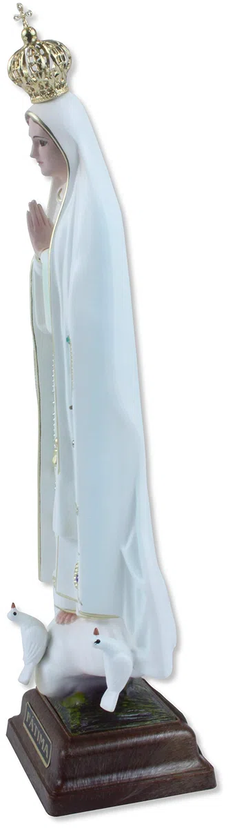 Statua della Madonna di Fatima in resina dipinta a mano con occhi in vetro. Altezza cm 27