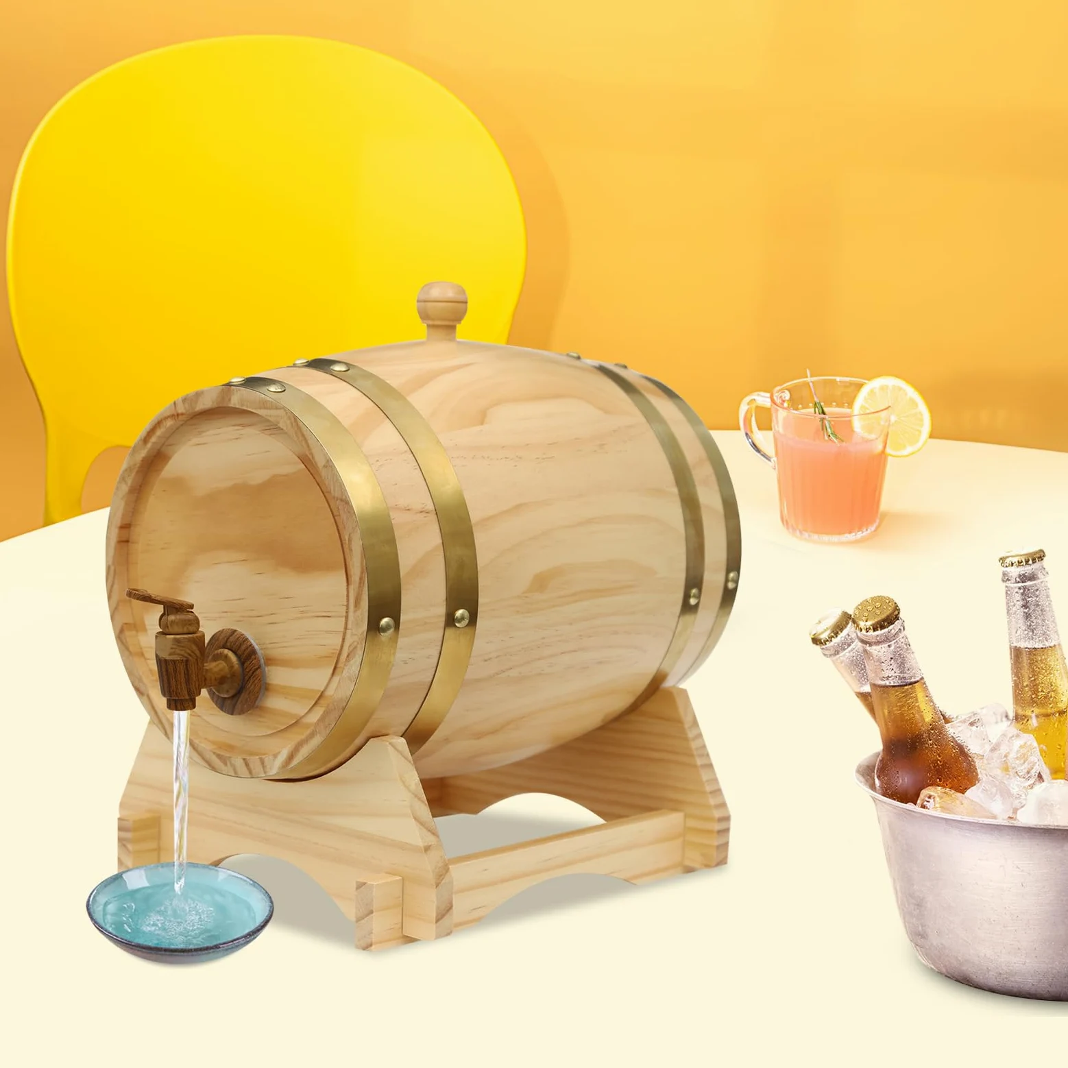 Botte in legno di pino da 5 l, con supporto e rubinetto, botte di legno originale per vino, whisky e grappa, barile decorativo per casa, bar e hotel, design ovale, effetto legno naturale