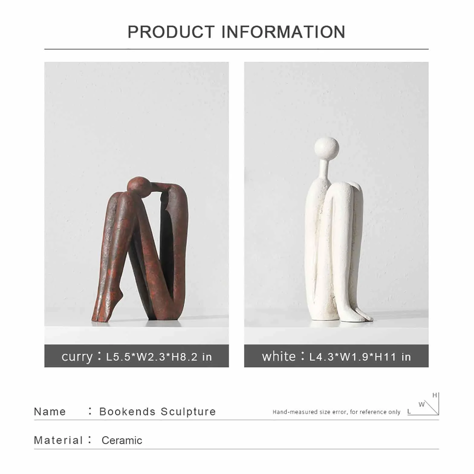 Fermalibri Decorativi in Ceramica – Set da 2 Pezzi – Fermalibri Pesanti per Librerie, Scrivania e Ufficio – Statua Astratta –Bianco e Marrone