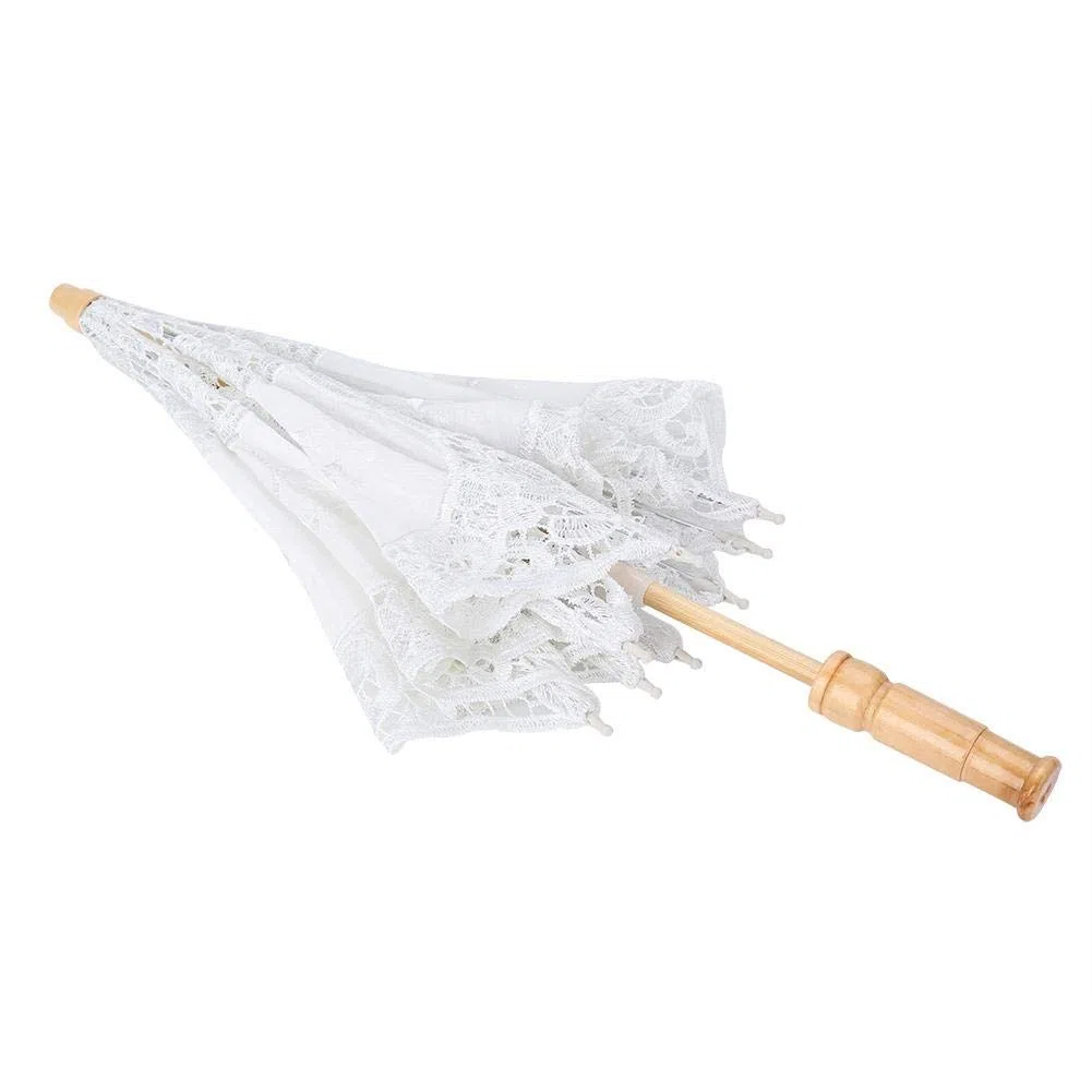 Zerodis Ombrello da Sposa in Pizzo, Parasole Decorativo Fatto a Mano, Manico in Legno, Bianco