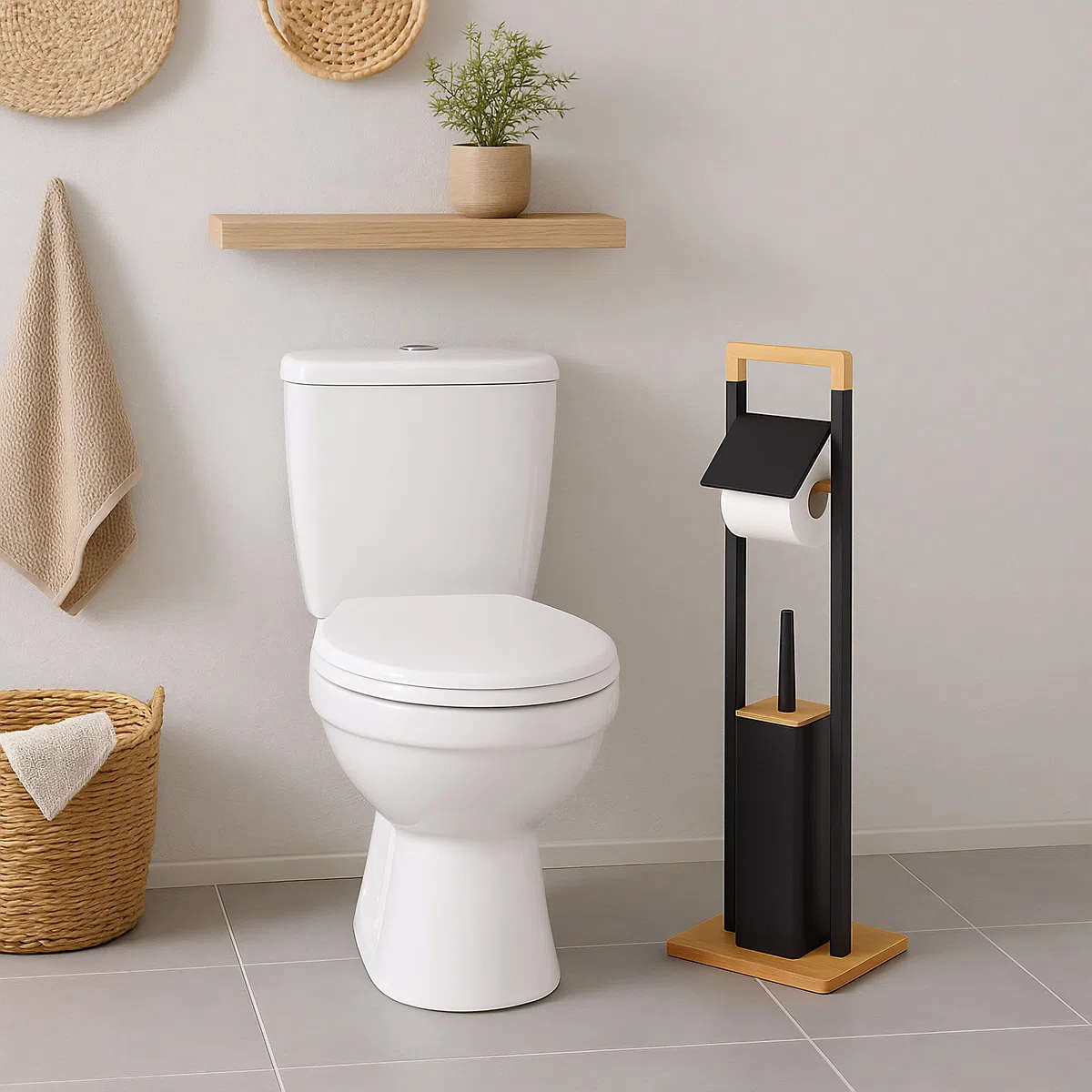 Set da Bagno Relaxdays, bambù, Porta Carta igienica, scopino con portascopino, 76,5x28x18 cm, Nero