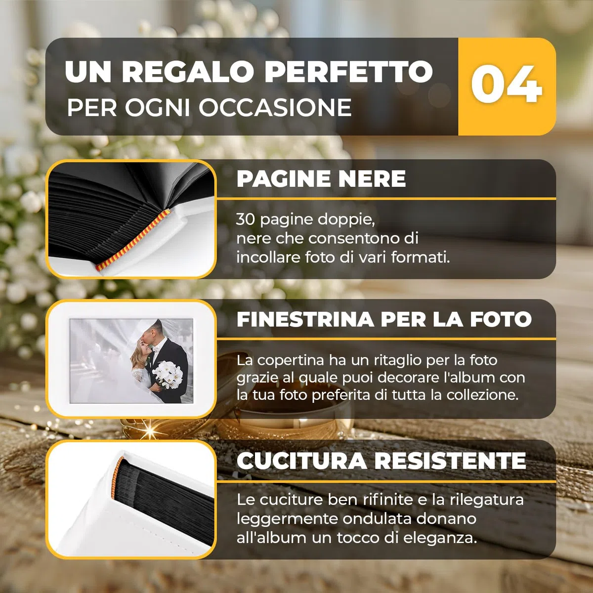 Maverton Album Foto Personalizzato con Stampa - Copertina in Pelle Sintetica con Finestra - 60 pagine nere - 240 foto 10x15 cm - idee regalo per anniversario, matrimonio - Nozze