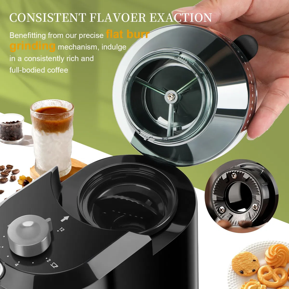 Macinacaffè, Macinacaffè Elettrico Wancle, Macinino Regolabile per Chicchi di Caffè, con 28 Impostazioni di Macinatura Precise per 12 Tazze (Plastica, Nero+Grigio)