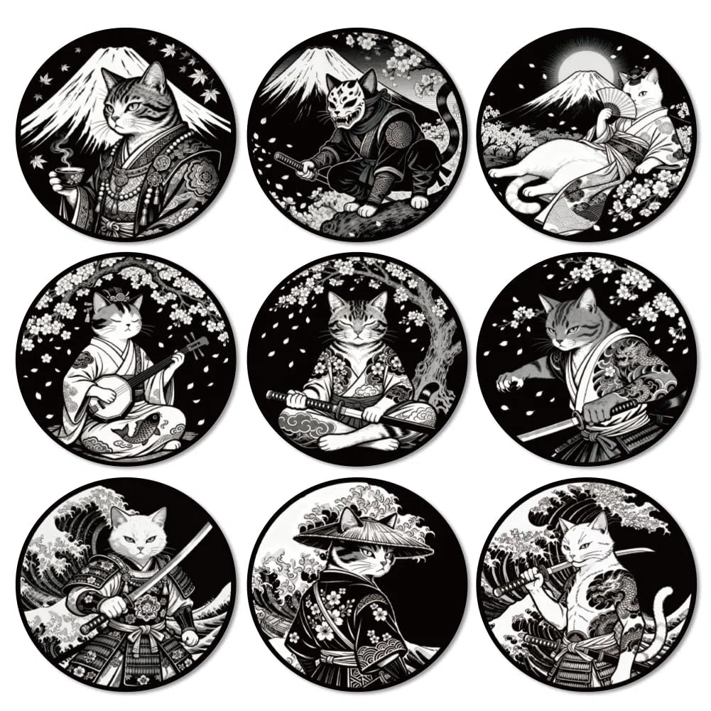 ANATTASOUL 9 Pezzi di Pattern Gatto in Stile Giapponese Sottobicchieri Legno, Sottobicchieri per Bevande,Coaster per Tavolino del Caffè, Decorazione per Cucina e Sala da Pranzo