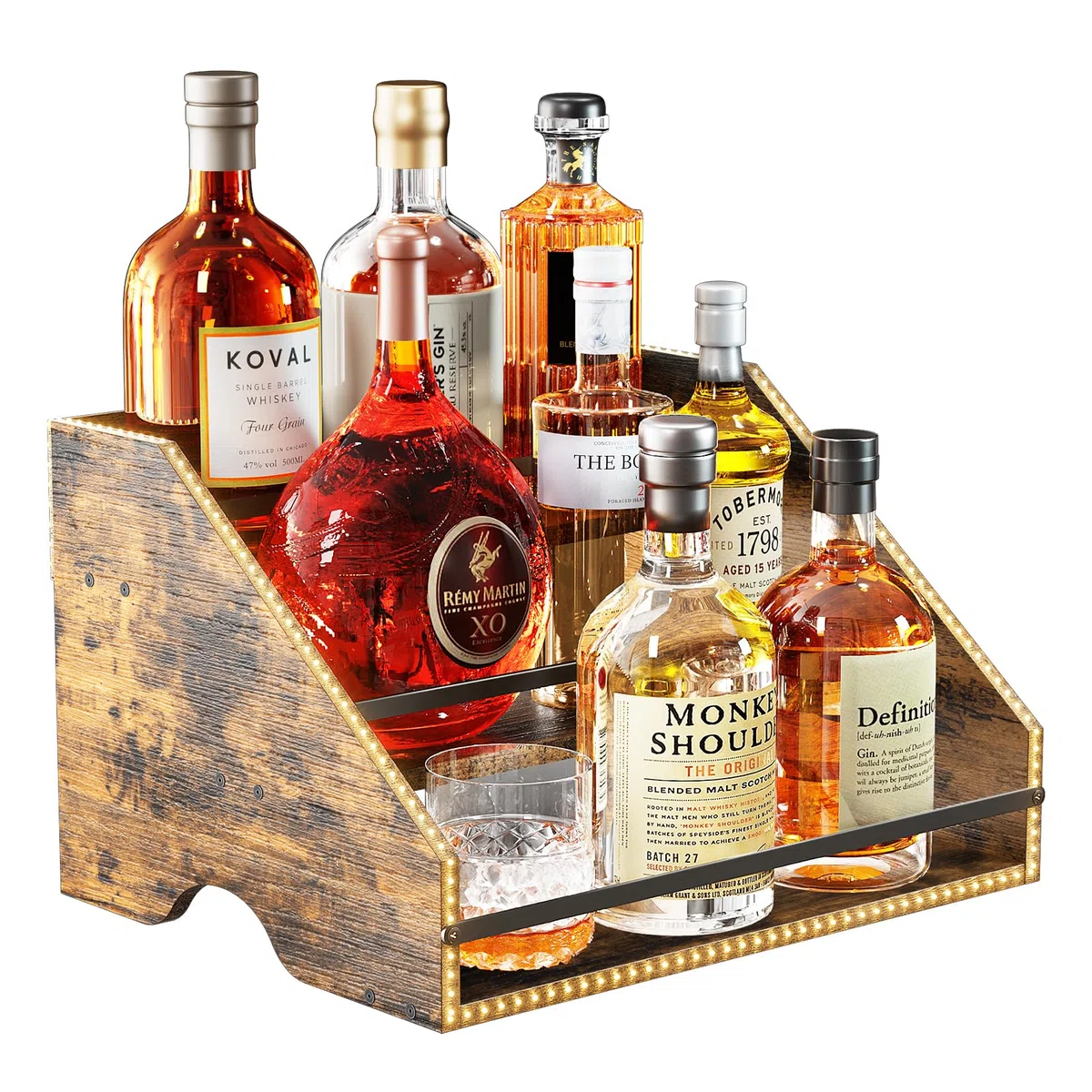 Nuovoware Scaffale Espositivo per Bottiglie Liquore Illuminato LED, Scaffale Legno 3 Gradini con Recinzioni Maniglie Portatili, 12 Bottiglie Whisky Espositore Vini Retrò Bar Domestico Feste, Marrone