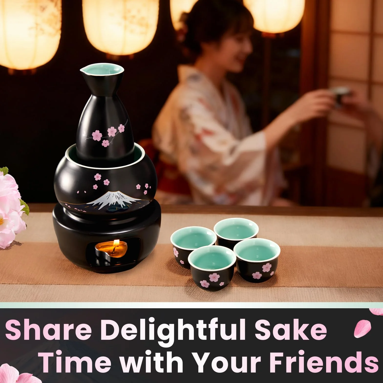 DUJUST Set da sake giapponese da 10 pezzi con scaldino, set da sake in porcellana con disegno Sakura & Fuji, 6 tazze da sake, 1 bottiglia, 1 scaldino, 1 fornello a candela, 1 vassoio e 1 scatola, Nero