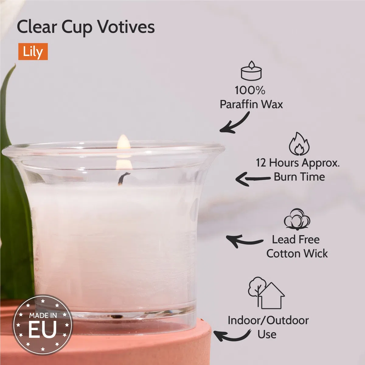 Hyoola Candele Profumate Votive con Portacandele Trasparente - Candele Profumate Piccole Giglio - Durata Candela Votiva 12 ore - Set Candele Profumate da 4 - Made in EU