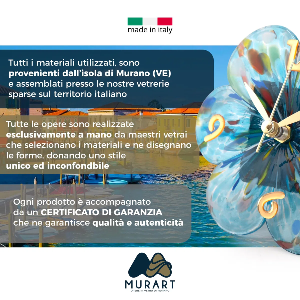 MurArt Orologio da Tavolo in Vetro di Murano realizzato a mano con una Forma di Fiore e misure 15x15 cm Made in Italy (1, Acquamare)