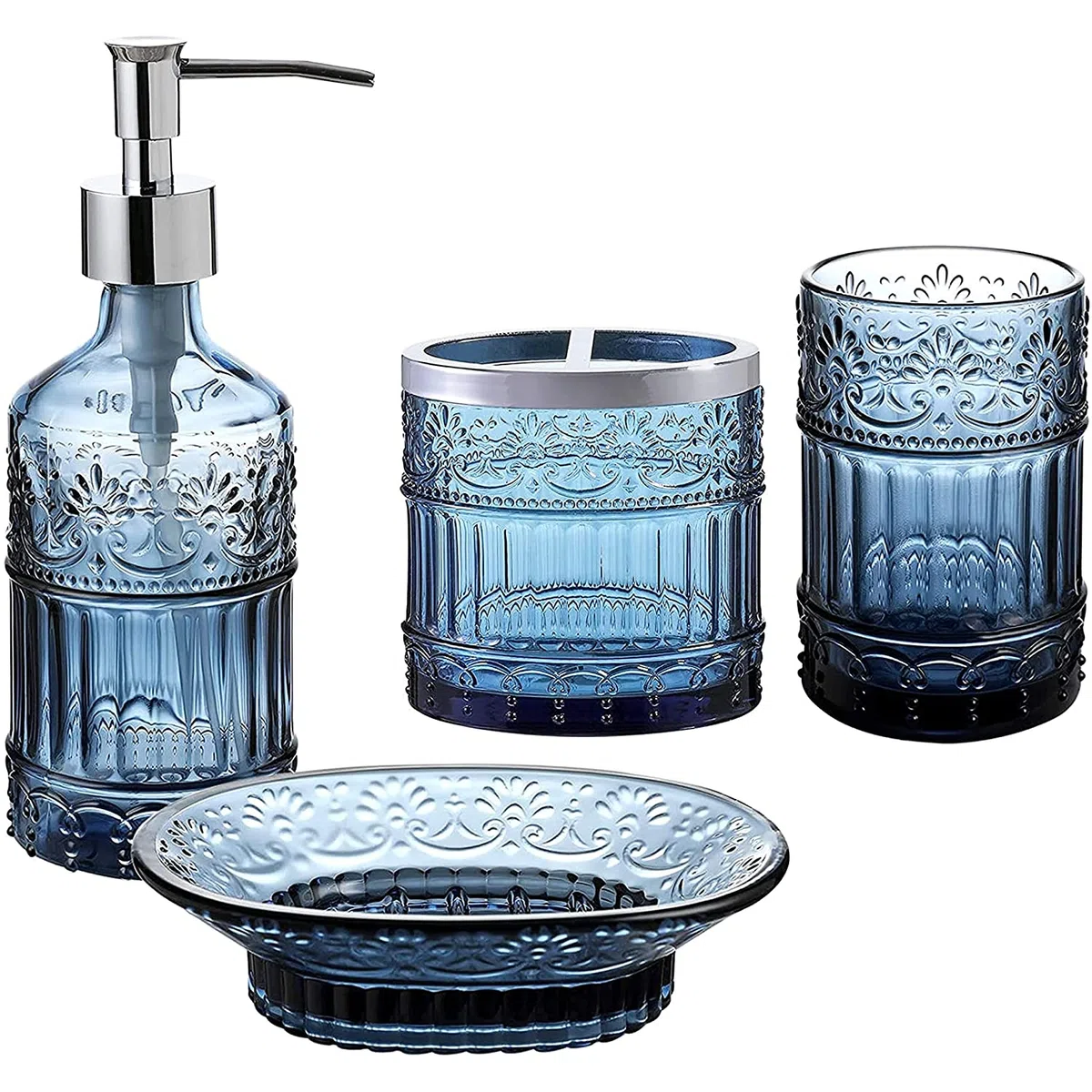 WHOLE HOUSEWARES | Set di accessori per il bagno | Set da 4 accessori in vetro per la decorazione | Porta sapone, porta spazzolini, barattolo e piattino | Vetro a mosaico elegante (blu)