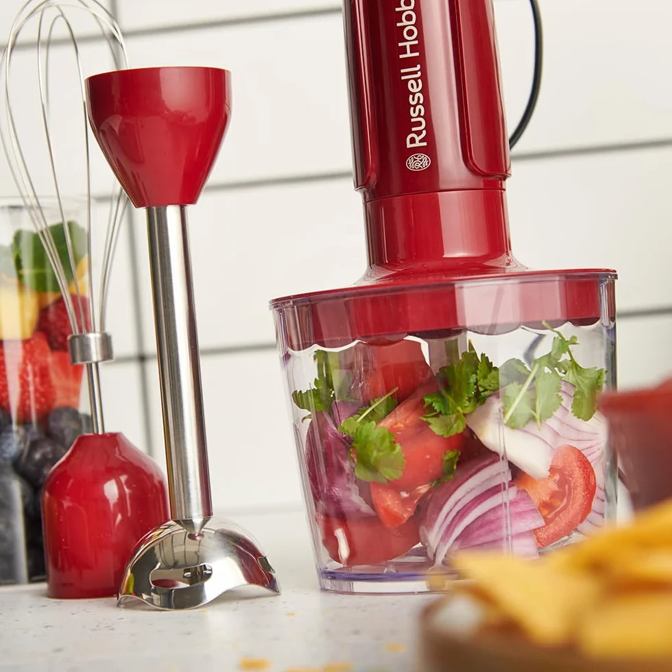 Russell Hobbs Frullatore a Immersione [3 in 1: Frullatore, Frusta e Lame Tritatutto] Desire Rosso (600ml, Parti lavabili in lavastoviglie, Lame acciaio inox, Per frullati, zuppe, salse) 27142-56