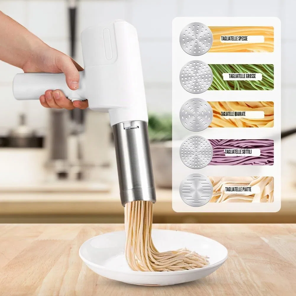 Macchina per pasta elettrica palmare, macchina ricaricabile automatica 2000mAh, 5 stampi per pasta fatta in casa, spaghetti/maccheroni