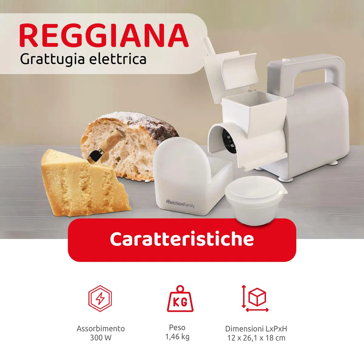 Melchioni Family | Grattugia Elettrica REGGIANA con Contenitore per Formaggio Richiudibile