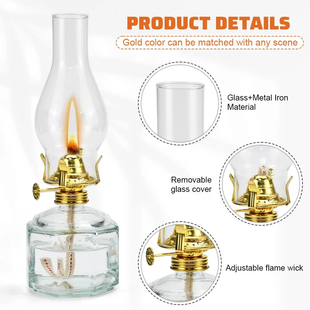 2 Pz Lampada in Vetro a Petrolio,Lanterna ad Olio in Vetro Trasparente,Lampada a Olio Decorativa Antivento,Lampada Lanterna Antica con 6 Pz Stoppini da 18cm per Interni ed Esterni