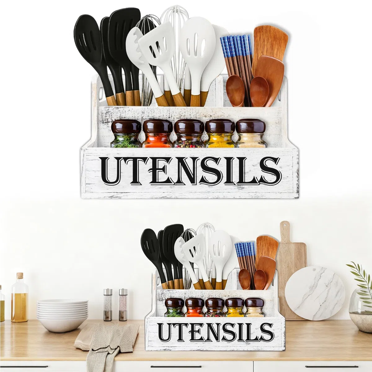 Portautensili da Cucina con Fondo di Drenaggio, Grandi 4 Scomparti in Vero Legno Massiccio, Organizer per Utensili da Cucina, per Bancone Della Cucina Venature Bianche