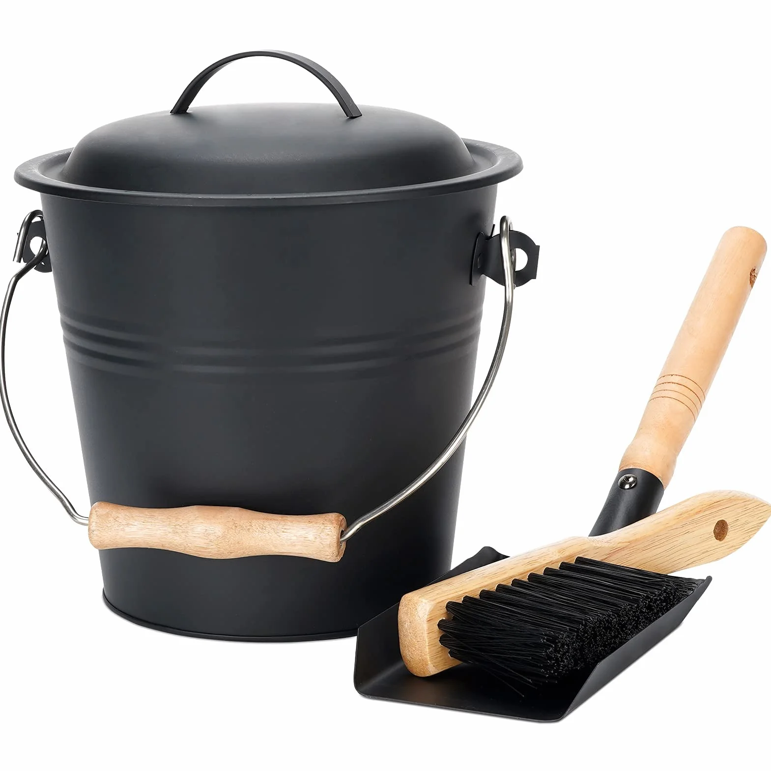 Secchio per cenere in metallo da 1,5 galloni con coperchio, pala, scopa, per camini, stufe a legna