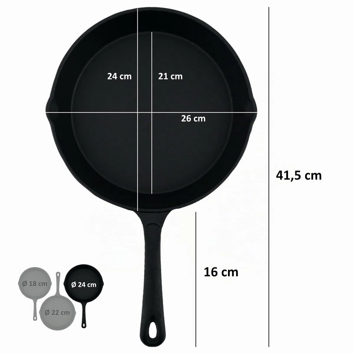 BBQ-Toro, Set di 3 padelle in ghisa per arrosti e bistecche, diametro: 16 cm, 20 cm, 26 cm