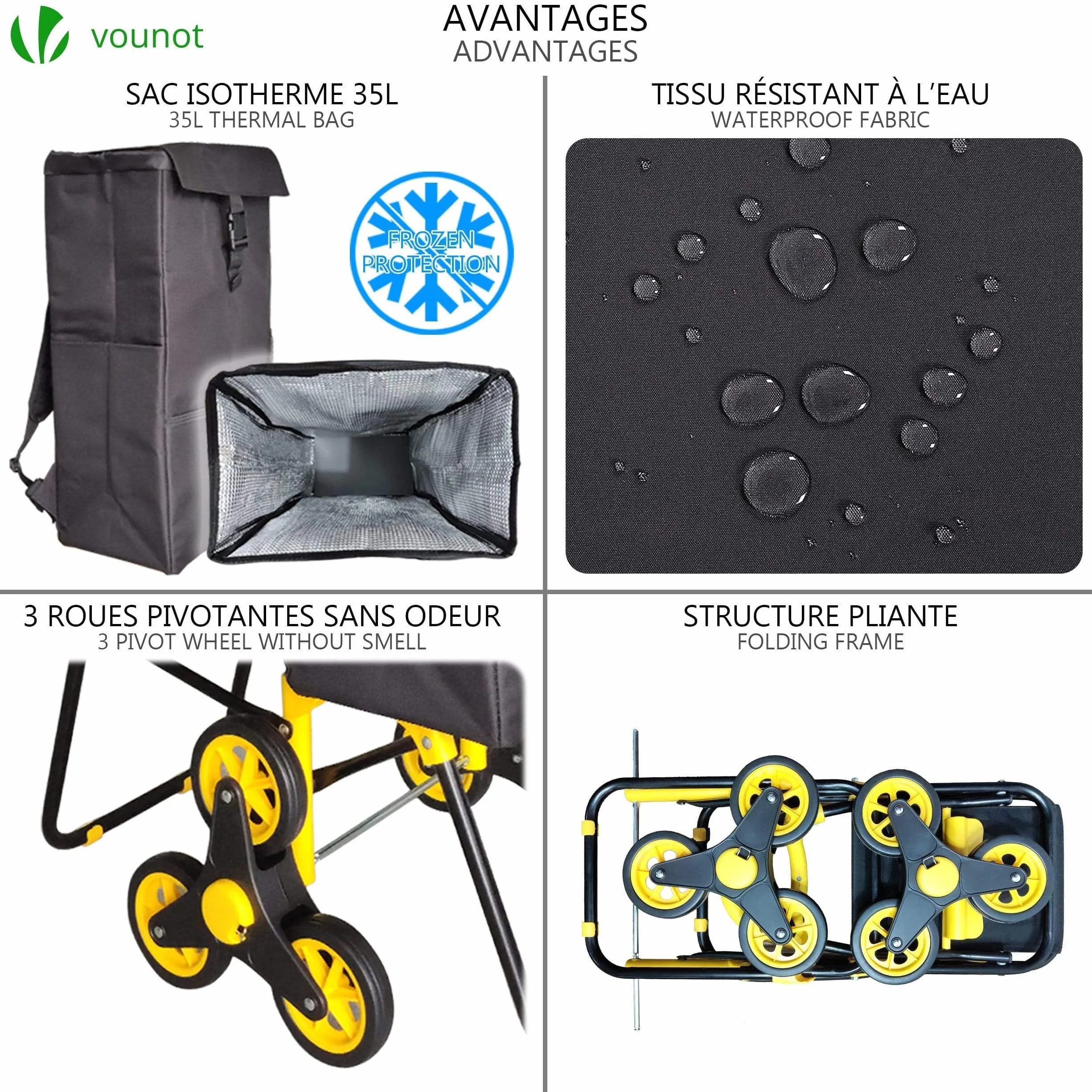 VOUNOT® Carrello Spesa Pieghevole con 3 Ruote e Seduta, Carrello Portaspesa per Saliscale con Borsa Termico, 40 L