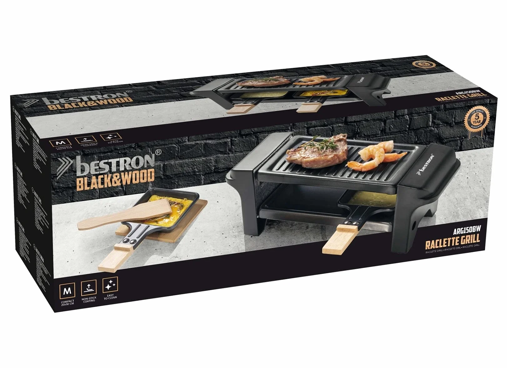 Bestron ARG150BW Barbecue da Tavolo per 2 Persone, plastica, ghisa, Nero/Legno