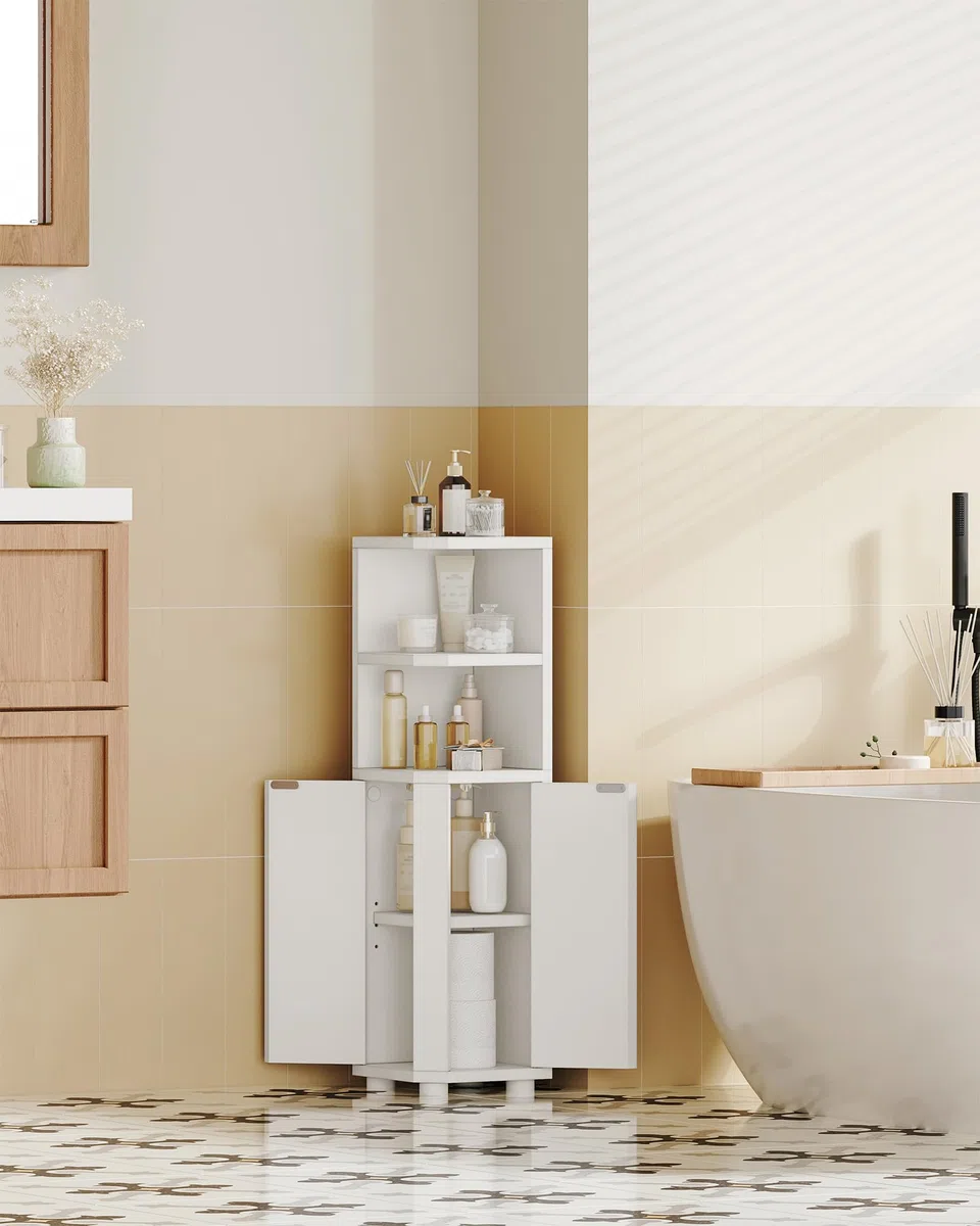 Hzuaneri Mobile da Bagno, Mobiletto Angolare per Bagno con Ante - Organizzatore Stretto per Water con Ripiano Regolabile, 2 Spazi Aperti e 2 Porte Laterali, 20 x 20 x 79 cm, Bianco BC20003X
