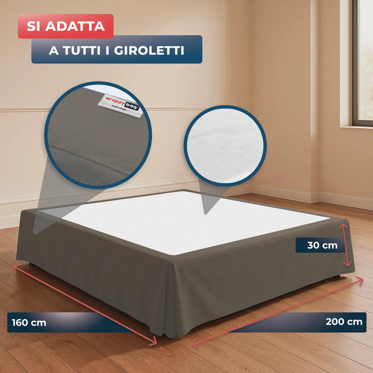 Wrappybag Vestiletto Matrimoniale 160 x 200 cm - Tortora – Copertura Giroletto - 8 Misure Diverse
