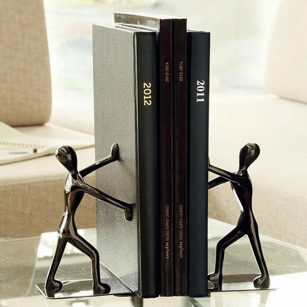 Coppia di fermalibri a forma di lottatore di kung fu, decorativi, alla moda e creativi, in acciaio inossidabile per casa, uffici, librerie, decorazione, regali di compleanno Nero