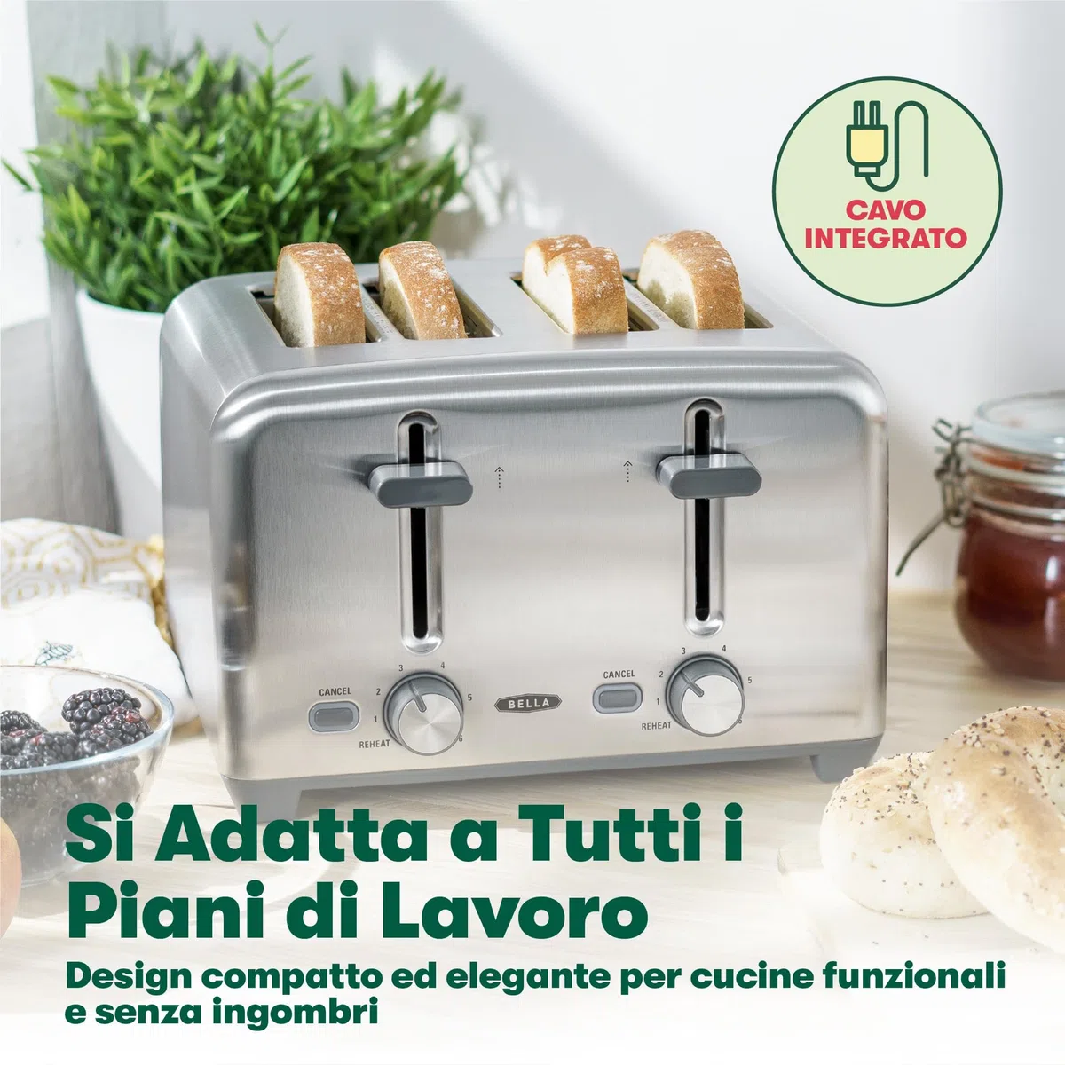 bella Tostapane a 4 fette, risultati rapidi e uniformi ogni volta, ampie fessure si adattano a pane di qualsiasi dimensione come bagel o toast texas, acciaio inossidabile, 4 Fette
