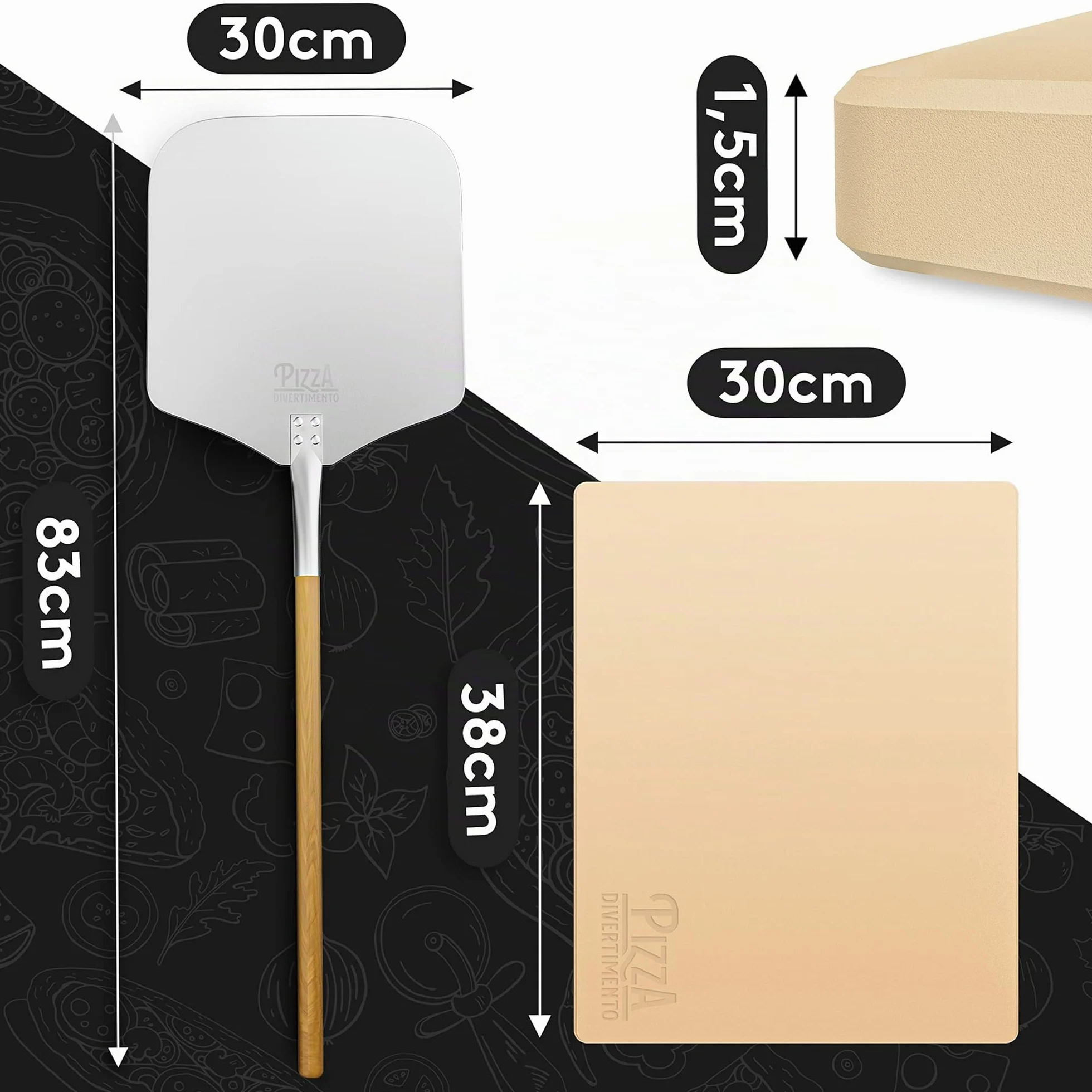 Pizza Divertimento Pietra refrattaria per pizza da forno - Con pala per pizza - Pietre di cordierite - Base croccante e condimento gustoso