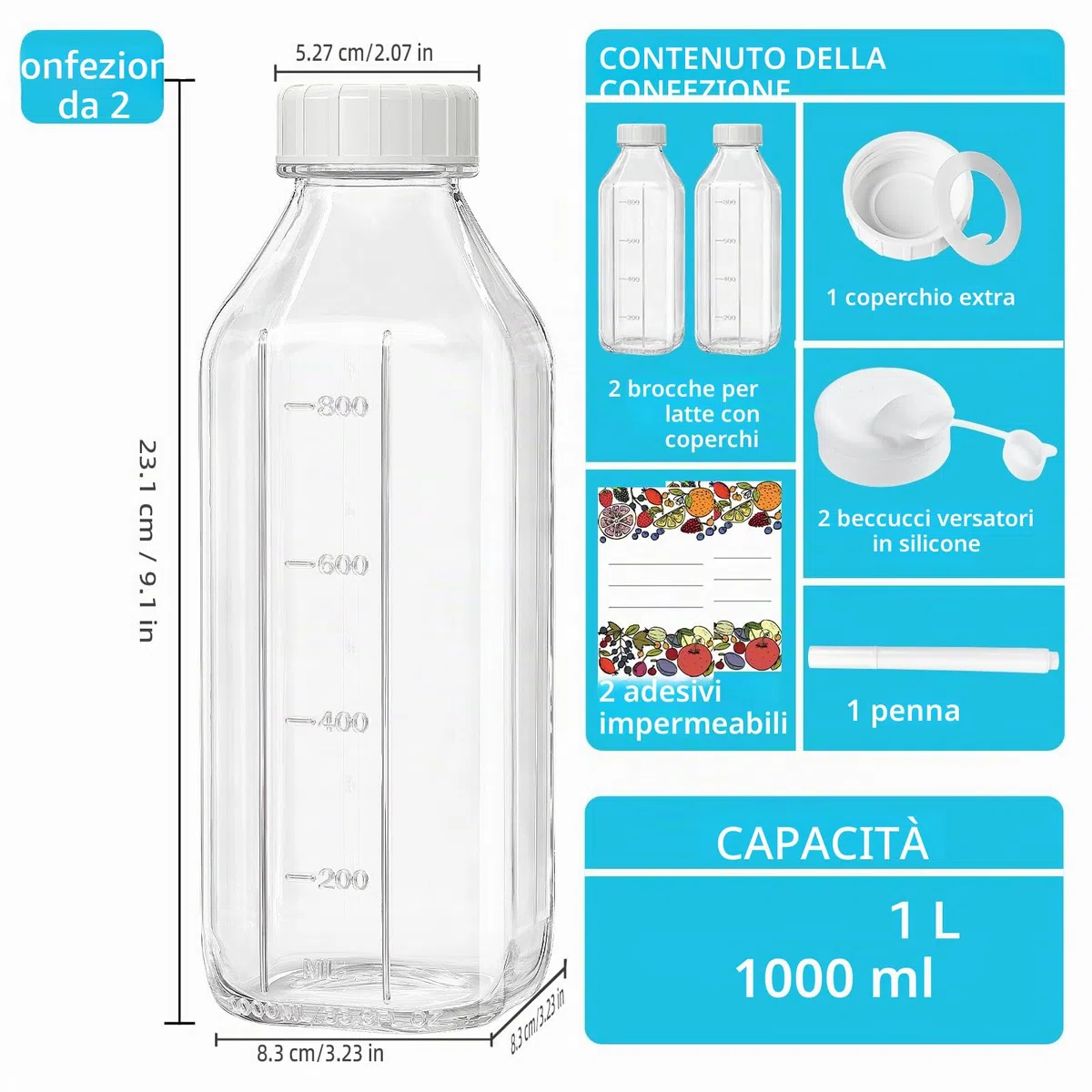 Absovetu Confezione da 2 bottiglie in vetro riutilizzabili con coperchio a vite ermetico, brocca per latte in vetro da 1 litro con beccuccio versatore, dispenser per bevande, succhi di frutta, latte,