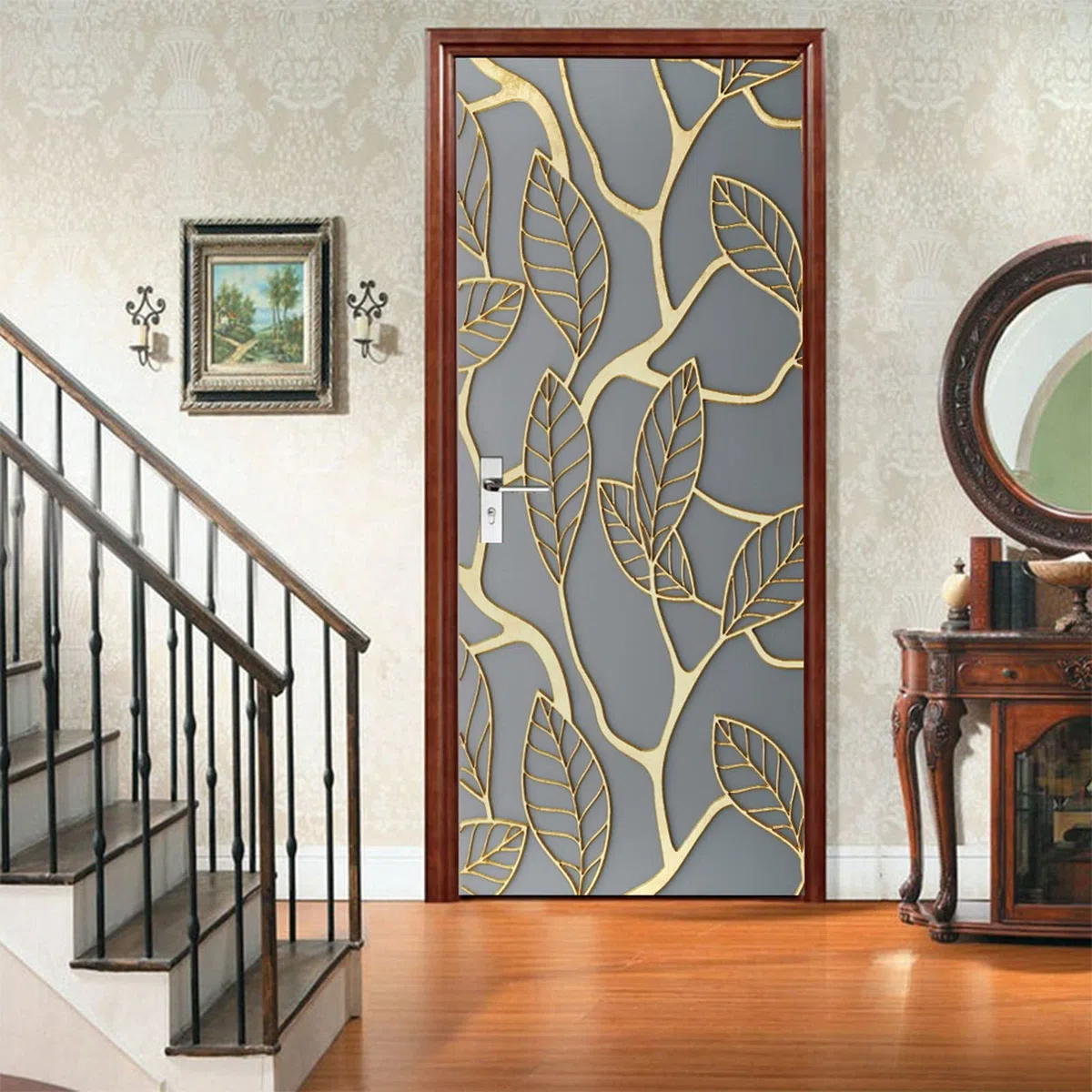 A.Monamour Adesivo Porta Autoadesiva Rami D'Albero D'Oro Con Foglie Arte Astratta Moderna Vinile PVC Adesivi per Porte Interne 3D Pellicola Adesiva Poster Sticker Murale Parete Carta da Parati