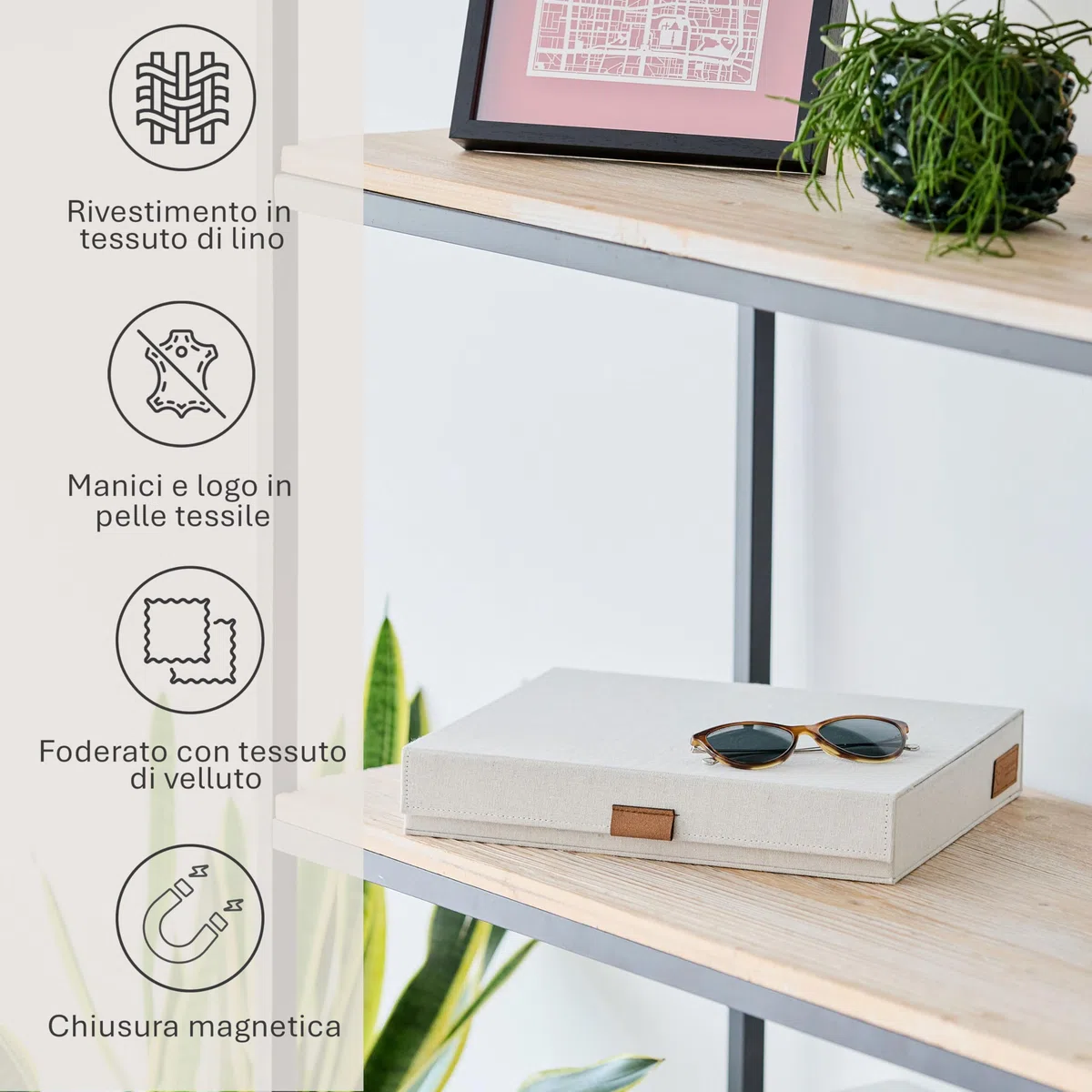 LOVE IT STORE IT - Premium - Custodia Occhiali in Lino-Cotone - Portaocchiali con 8 Scomparti in Velluto - Coperchio con Chiusura Magnetica - Rinforzo in Legno - 32x25x5,5 cm - Beige