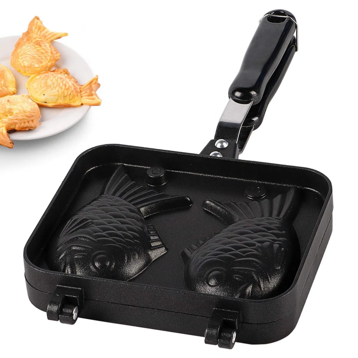 Joyzan Padella per Waffle a Forma di Pesce Antiaderente in Acciaio Inossidabile, Design Tradizionale, Nero