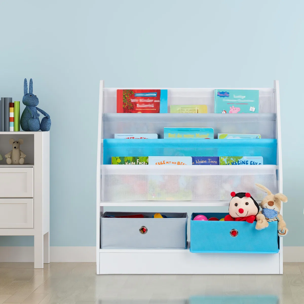 Relaxdays Porta Giochi Bambini, con Motivi Marini, 2 Scatole, 3 Scomparti, Scaffale Libreria, HLP 74x71x23 cm, Colorato
