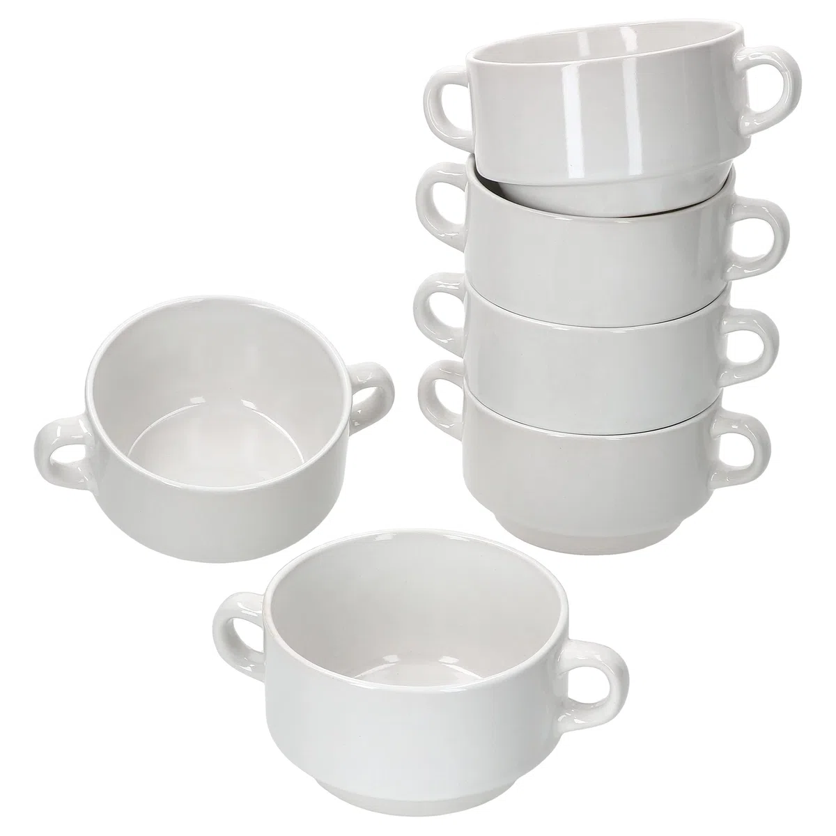 MamboCat Stiva - Set di 6 ciotole da zuppa da 250 ml, colore bianco, per 6 persone, con manico per stufato e zuppa