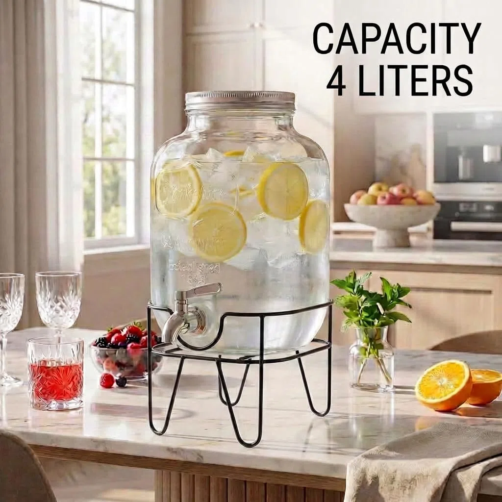 Dispenser in Vetro per Bevande 4L con Rubinetto Cromato, Lavabile in Lavastoviglie, Campeggio o Aperitivi, Ideale Per Bar, Cucina, Pub, Ristorante, Contenitore Distributore Acqua Con Supporto