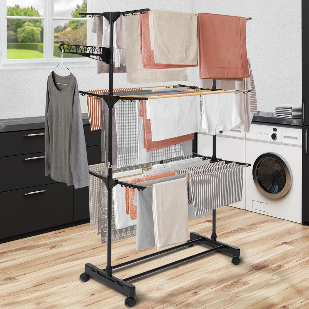 IDMarket - Stendibiancheria in acciaio MAXIMA inox nero e legno H.145 cm