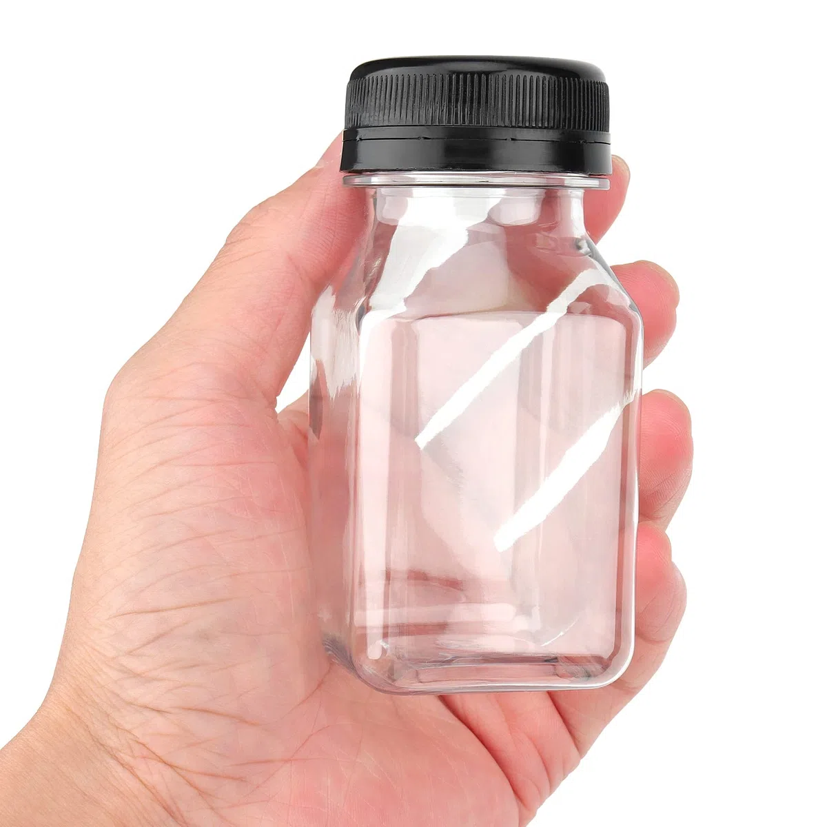 Confezione da 56 bottiglie di succo di plastica da 100 ml con tappi neri, bottiglie vuote riutilizzabili con coperchio, contenitori trasparenti per succo di frutta, frullato e latte