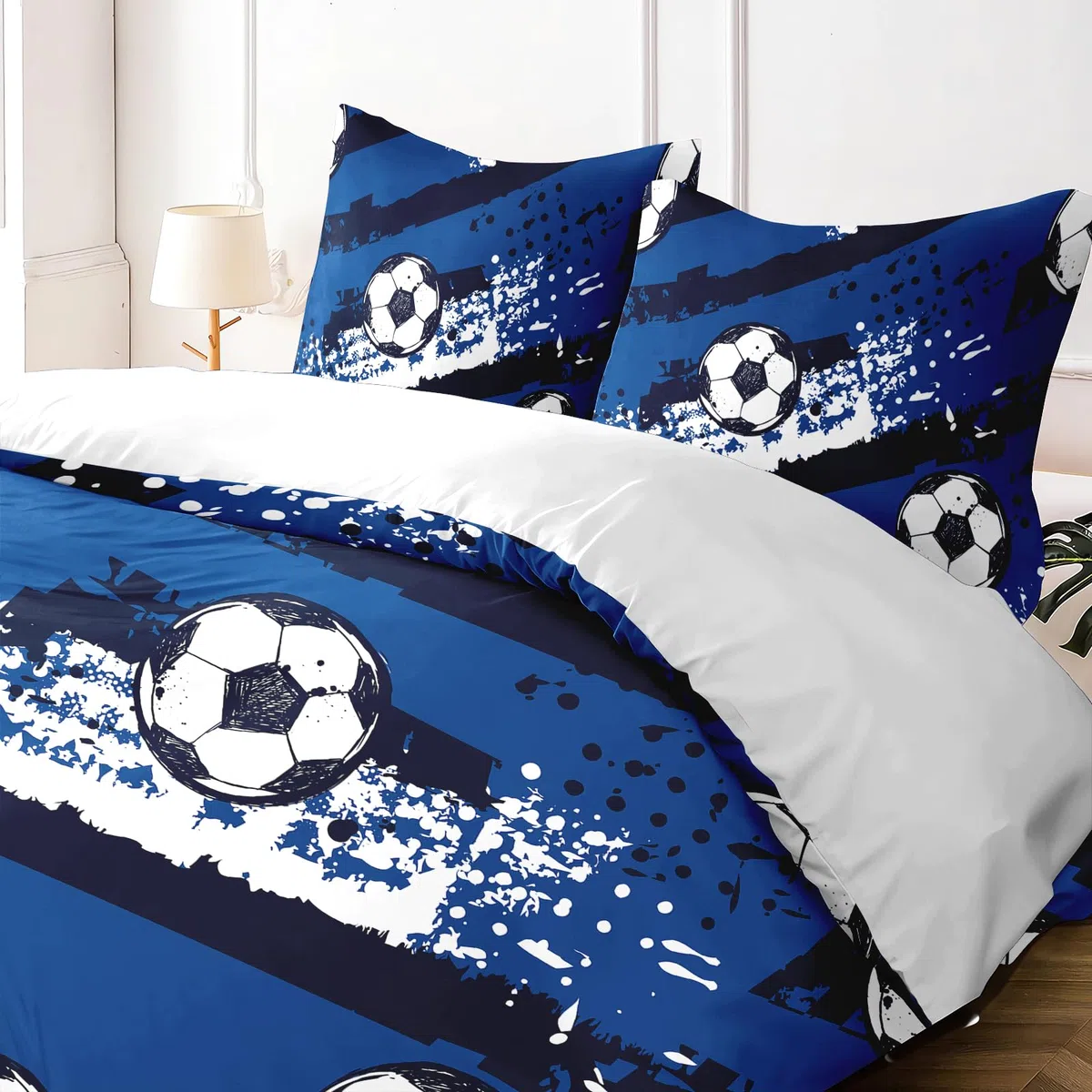 Set copripiumini e federe per bambini Calcio (200x200cm + 2 federe 65x65cm) - Lenzuola in microfibra, lavabile in lavatrice, chiusura lampo, design stampa 3D.(F4×200)