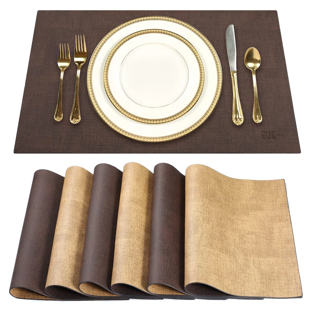 SUEH DESIGN Tovaglietta in Pelle Set di 6 Tovagliette Ecopelle Lavabile Impermeabili Resistente al Calore per Cucina Domestica Ristoranti e Hotel 43cm x 31cm