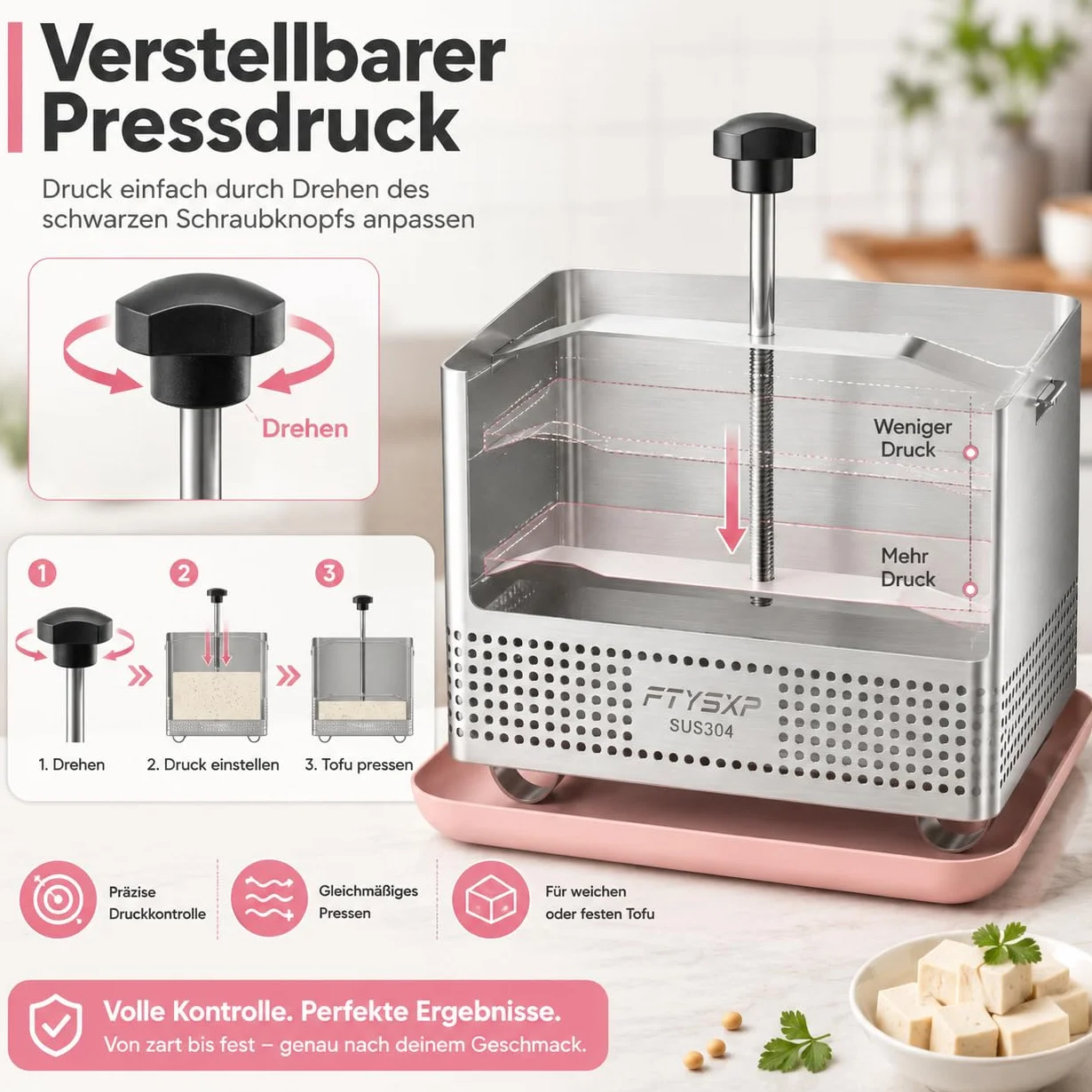 Tofupress 304 - Pressa per formaggi in acciaio inox con pressione regolabile, per tofu e formaggio, multifunzione, in acciaio inox, per prosciutto e pressa per carne, sicurezza lavastoviglie (16 x 12
