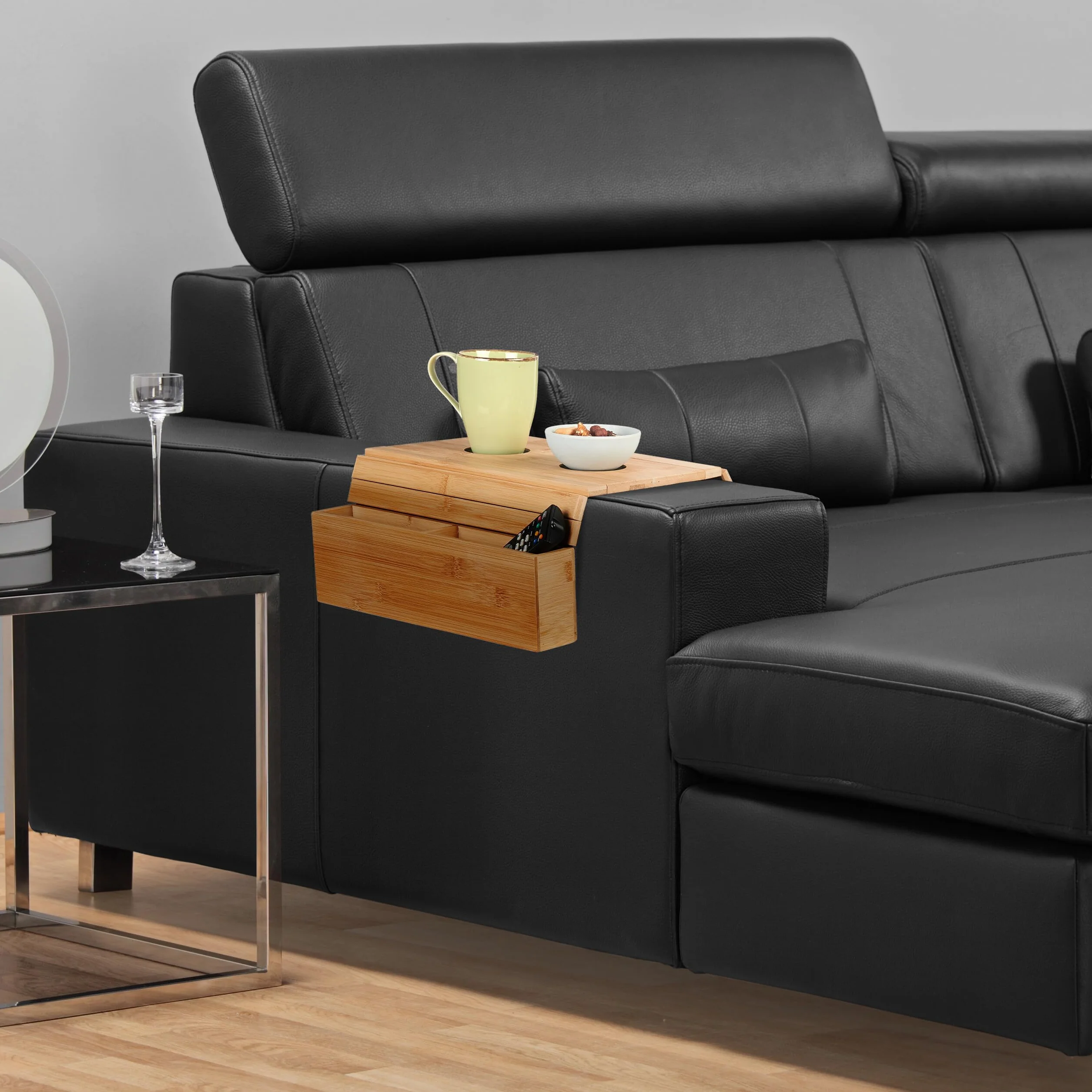 Relaxdays Vassoio per Bracciolo Divano, Tavolino con 2 Scomparti Porta Tazza caffè, HLP: 5,5x50x33,5 cm, bambù, Naturale