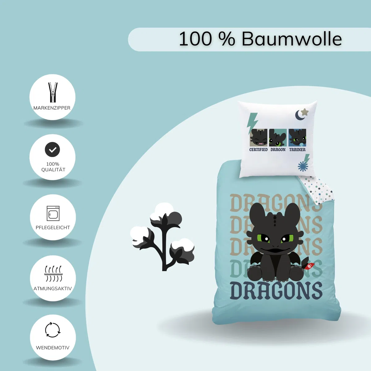 MTOnlinehandel Biancheria da letto Dragons 135 x 200 + 80 x 80 cm, biancheria da letto per bambini, 100% cotone, motivo reversibile, set di biancheria da letto per ragazzi, chiusura lampo, idea regalo