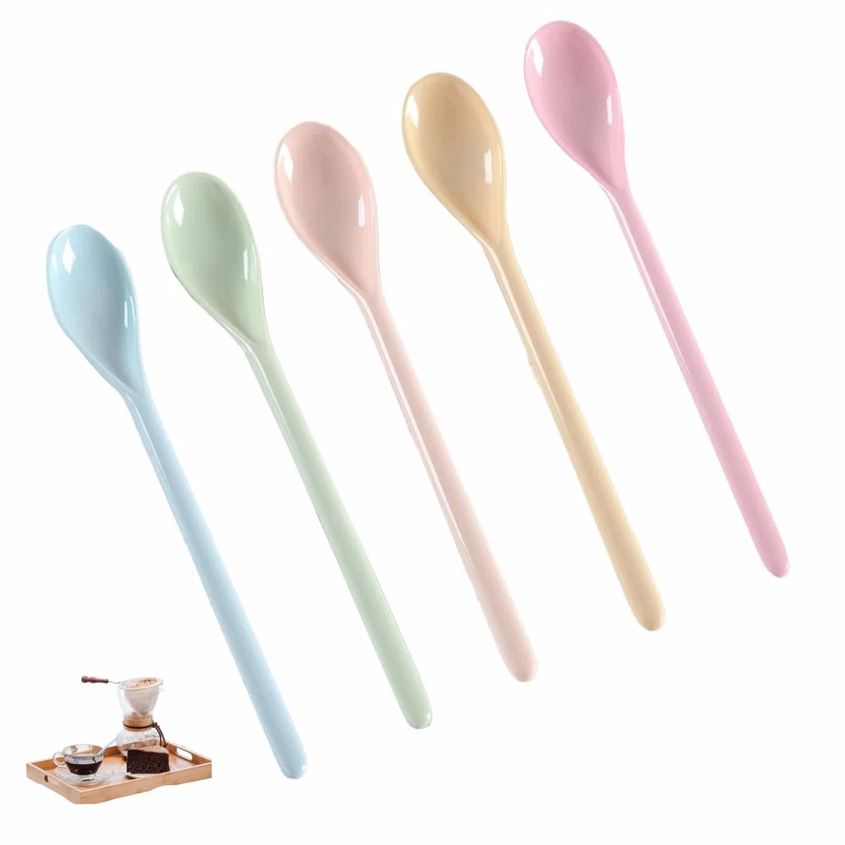 5 Pezzi Cucchiai Di Plastica 18,5 cm Manico Lungo Cucchiaini Lunghi Plastica Cucchiaio in Plasticas Colorato Riutilizzabili per Ristorante, Casa, Caffetteria